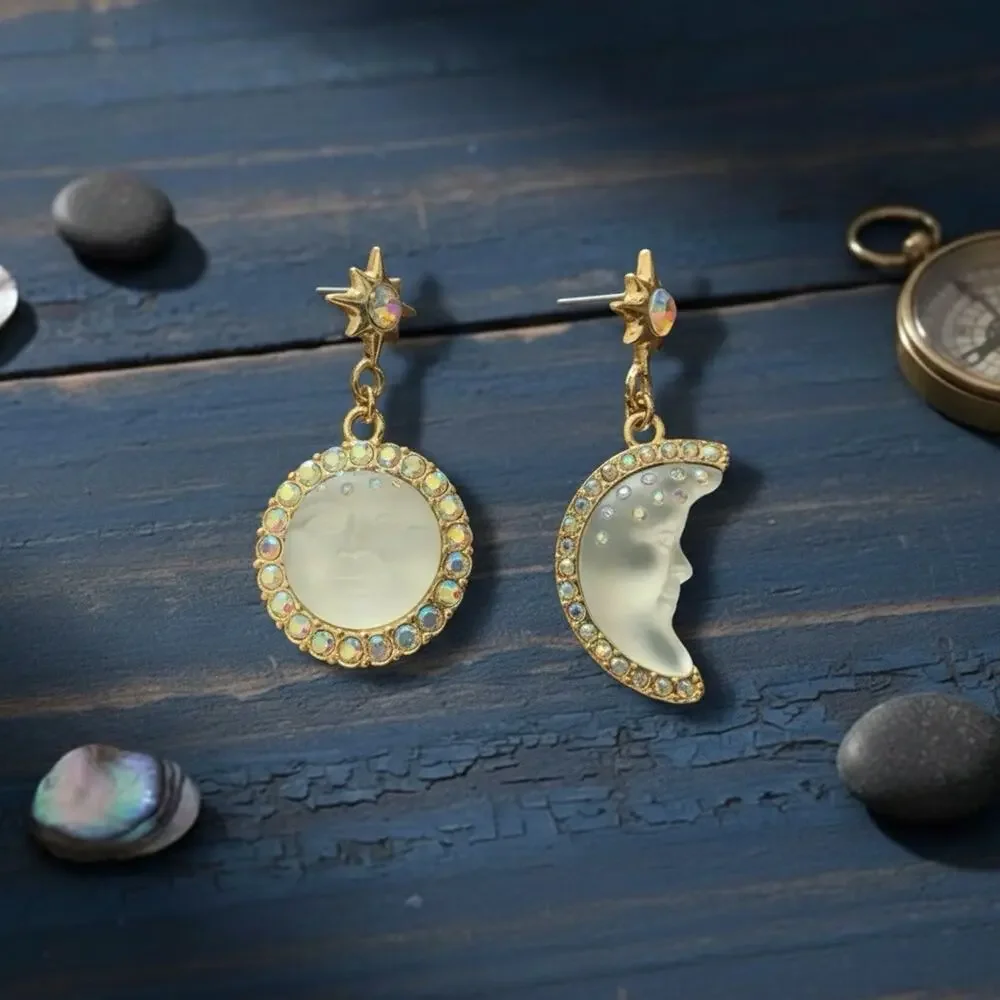 Sun Moon Star Earrings Face Mismatch Gold Deco Celestial Glass CZ Asymmetric